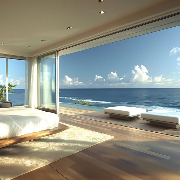 A bedroom with an ocean view